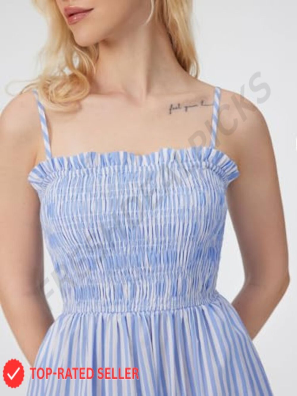 Striped Midi Sundress with Pockets Flowy A-Line Spaghetti Strap Beach Vacation - Picture 3 of 6